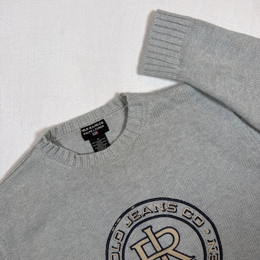 90s Polo Jeans Co Ralph Lauren Knit Sweater Mens M Spellout Logo Vintage Gray